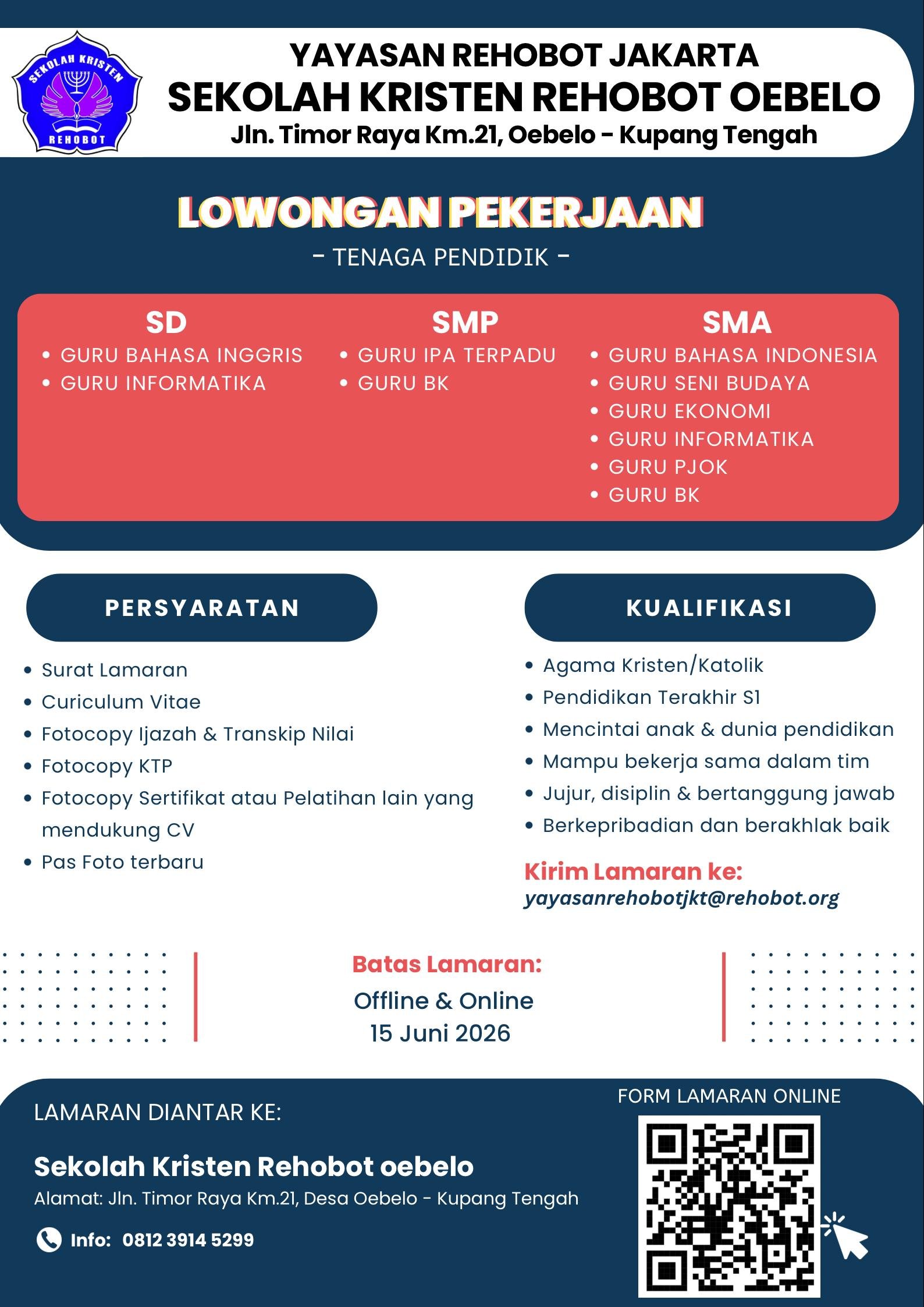 LOWONGAN TENAGA PENDIDIK DI SEKOLAH KRISTEN REHOBOT OEBELO