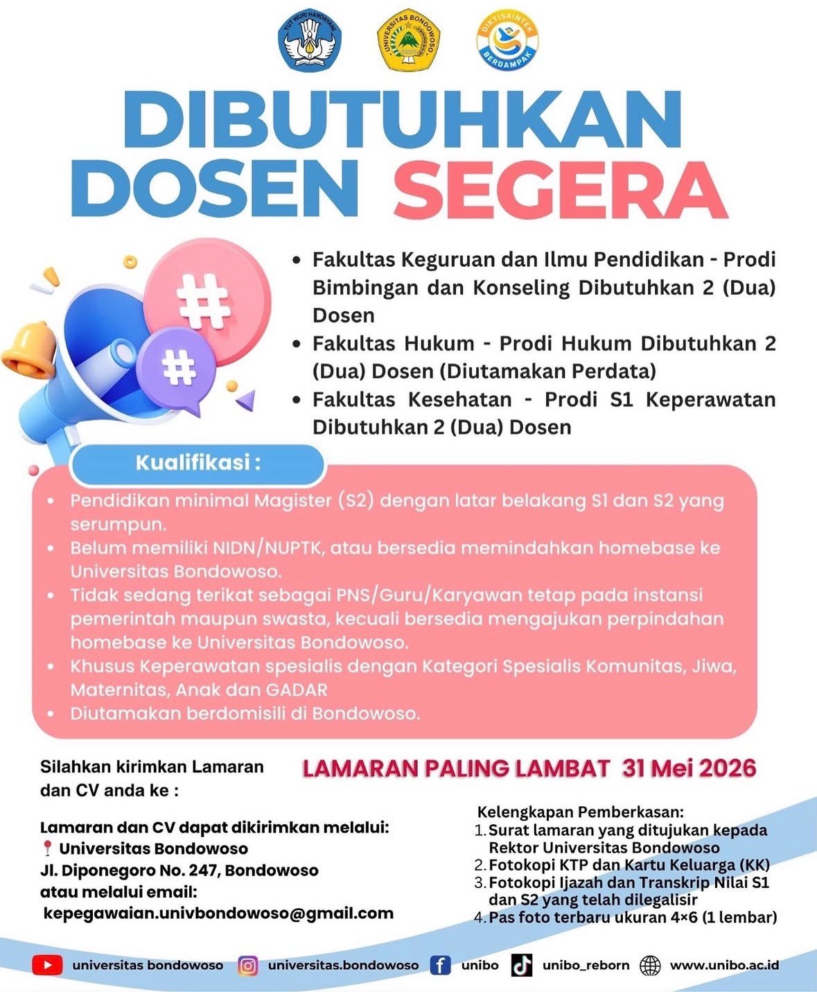UNIVERSITAS BONDOWOSO MEMBUKA LOWONGAN DOSEN TETAP